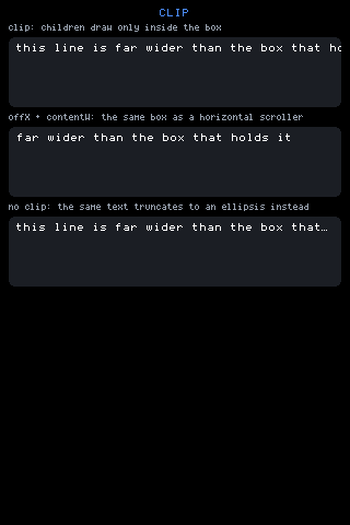 Three 64px boxes: one clipping an over-wide line, one sliding it with offX, one truncating it